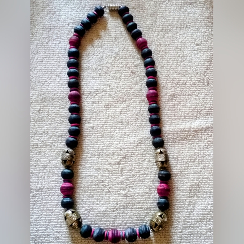 Vintage India Kochi Necklace Brass & Silver-tone With Hand-crafted Paper Beads.